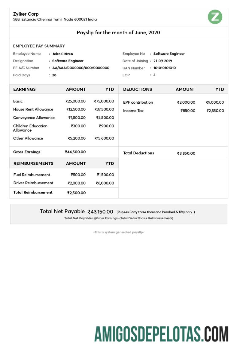 Imprimível Modelo de recibo de pagamento da INDIA ZYLKER Corporation em formatos Word e PDF
